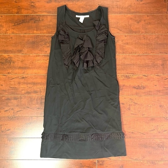 DIANE VON FURSTENBERG Sleeveless Shift Wool Blend Dress Black Silk Ruffle Trim 2 - Picture 2 of 11